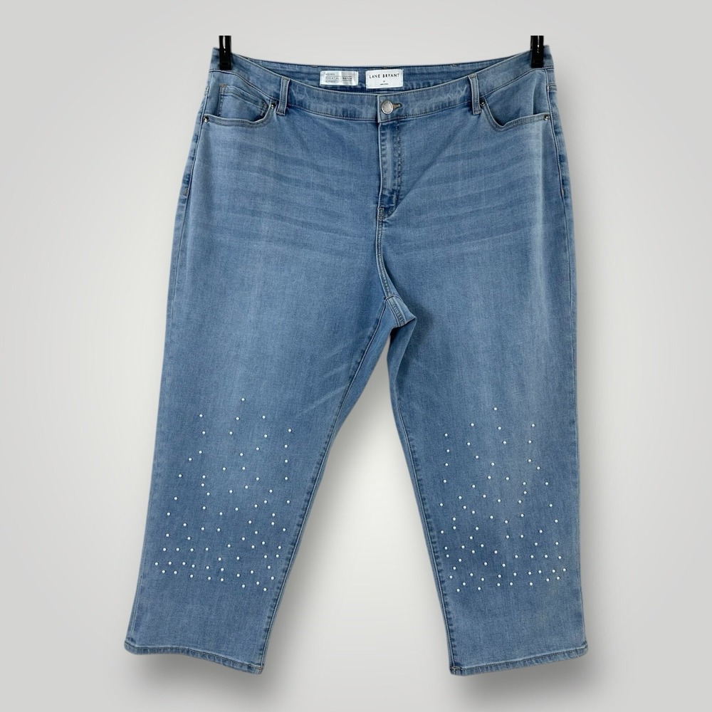 Lane Bryant Mid Rise Boyfriend Capri Jeans 22 Embellished Cuff w Pearls Stretch